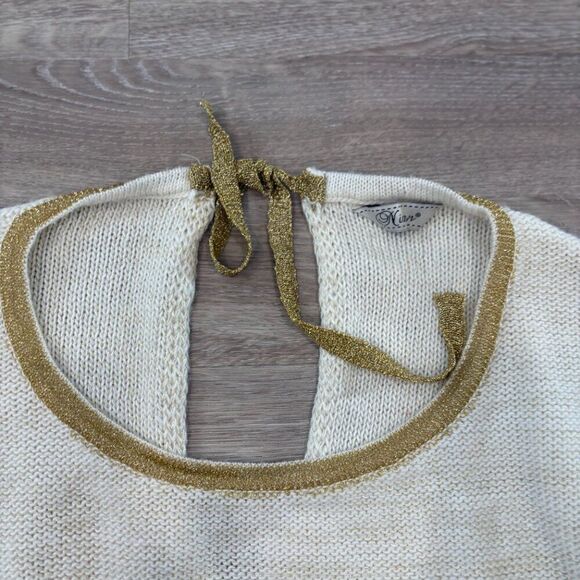 Nisan Cream Wool Knit Golden Metallic Tone Trim Sweater Back Button Sweater sz S - Picture 3 of 8